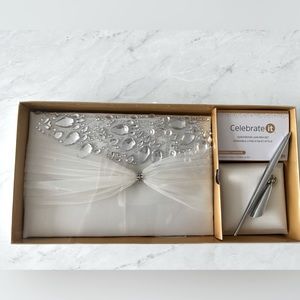 NIB bejeweled Wedding Guestbook and pen set w tulle ribbon